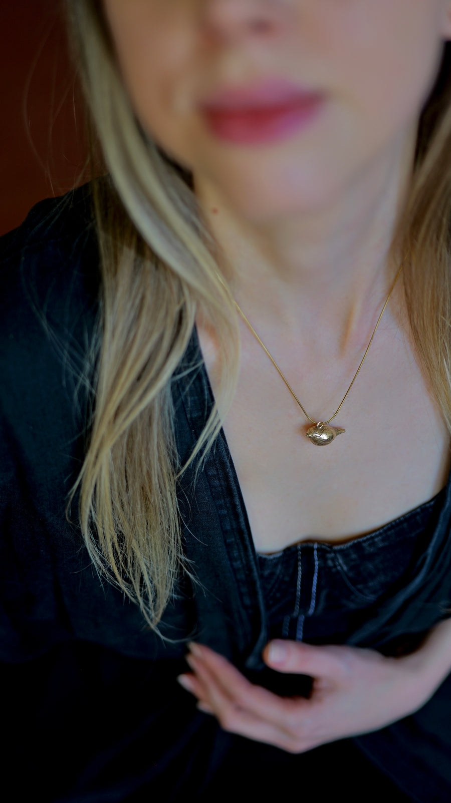 náhrdelník s bronzovým príveskom vtáčika červienky ručne vyrobený šperk v zlatej farbe. 