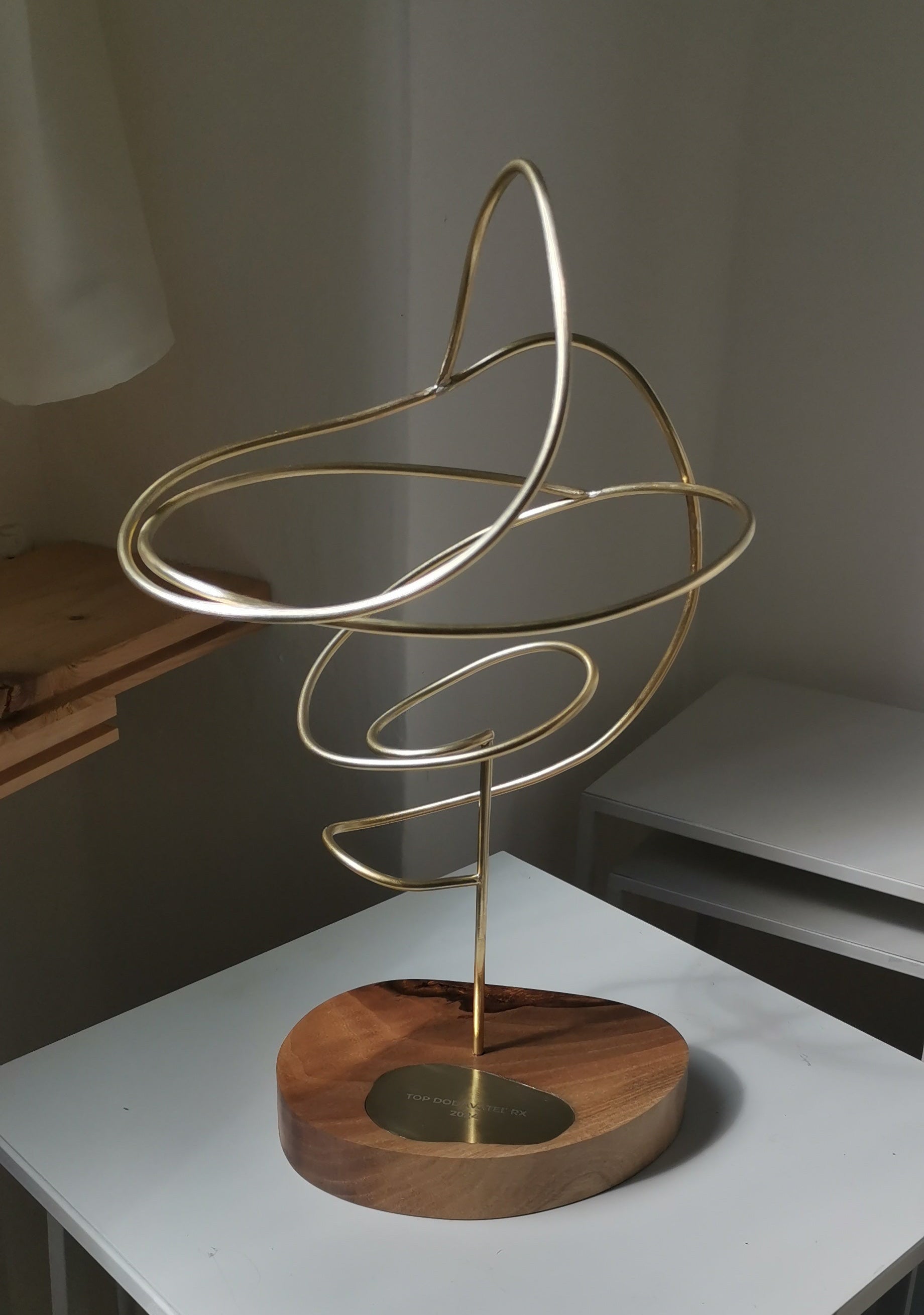 Custom-made designer trophy organically shaped as a stand made of brass and a base made of walnut wood